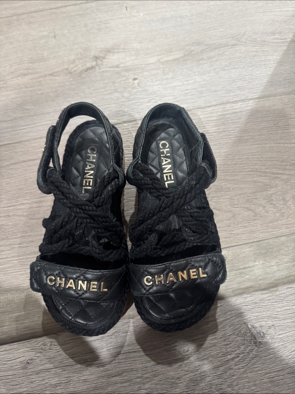 CHANEL Black Quilted Leather Rope Logo Sandals